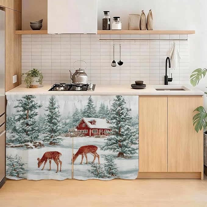 Self Adhesive Forest Deer & Red Cabin Cabinet Curtain for Mother's Day, 39x28 Inch Nature Scenery Under Sink Skirt No Drill, Spring Cleaning Kitchen Decor, Hook and Loop Laundry Valance