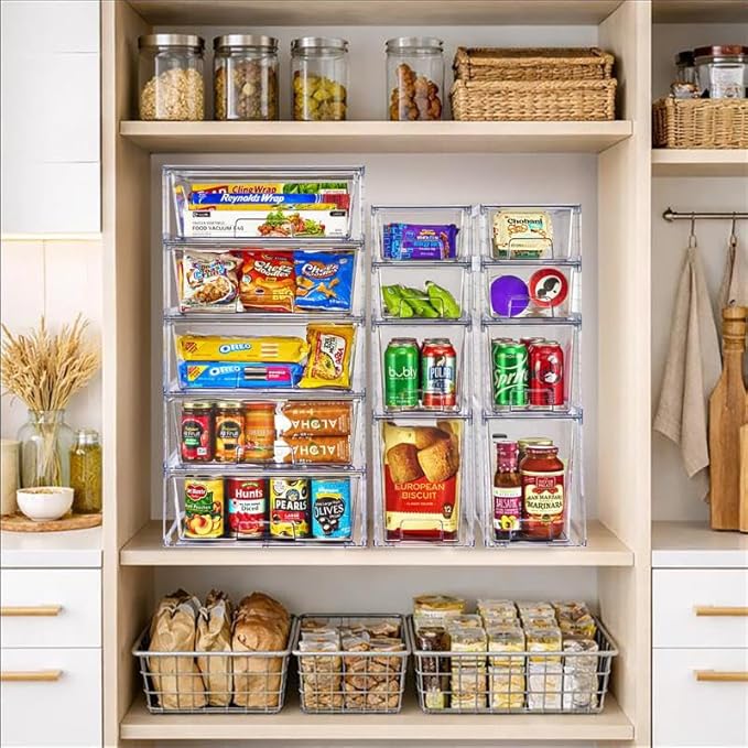 Sorbus Stackable Clear Storage Drawers, 5 Pack (1 Wide + 2 Medium + 2 Small) Pull-Out Organizer Bins – Plastic Drawer Organizers for Bathroom, Vanity, Makeup, Under Sink & Countertop Organization