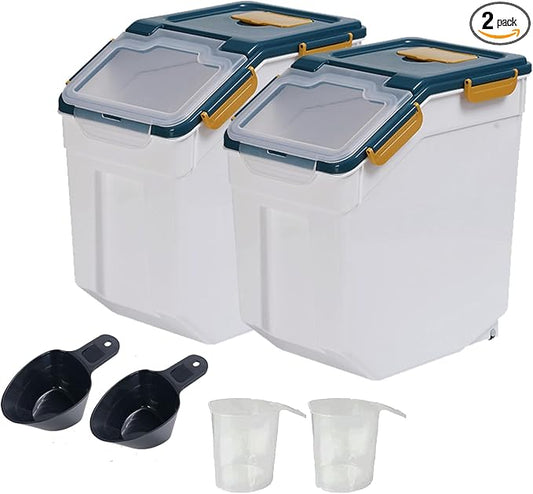 Large Flour Storage Container Bin 25Lb, 2Pack Airtight Rice Storage Containers with Wheels Seal Locking Lid, BPA Free with Measuring Cup&Scoop for Flour, Rice, Grain(Blue)