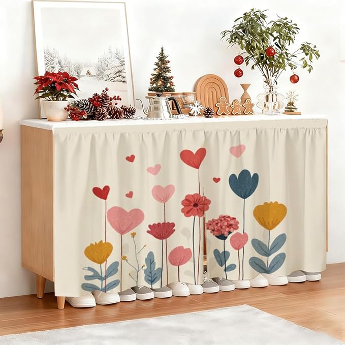 Self Adhesive Floral Heart Cabinet Curtain for Mother's Day, 39x28 Inch Colorful Spring Flower Under Sink Skirt No Drill, Deep Cleaning Kitchen Decor, Hook and Loop Laundry Valance