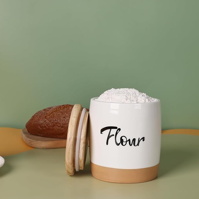 LEETOYI Ceramic Food Storage Containers with Lid,Modern Farmhouse Kitchen Decor, Countertop Food Storage Caddy Organizer, 33oz (Labeled Flour)