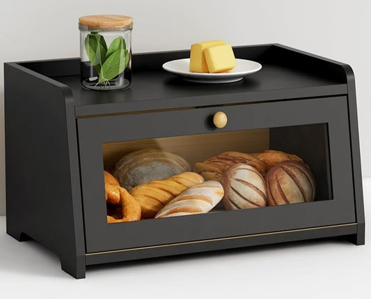 Goozii Black Bread Box for Kitchen Countertop, Small Vintage Counter Top Breadbox, Homemade Bread Storage Container for Sourdough Loaf, Farmhouse Wooden Corner Kitchen Counter Organizer for Cabinet