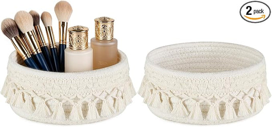 Mkono Macrame Makeup Brush Holder Organizer Comb Brushes Mini Storage Basket Set of 2 Boho Decor Baskets for Pen Pencil Box Container, Small, Ivory