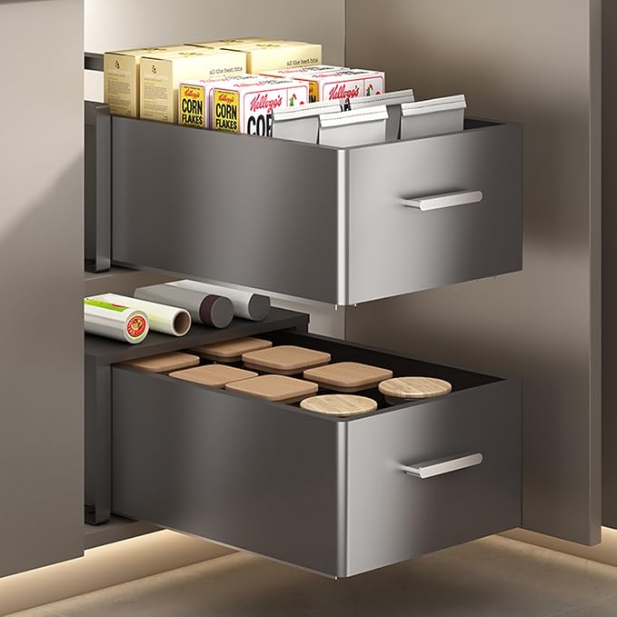 No Drill Pull Out Cabinet Organizer, 4 Pack Slide Out Drawer with Nano Film Fixed, Heavy Duty Sliding Pantry Storage Drawer (Gray 50x41x17.2cm)