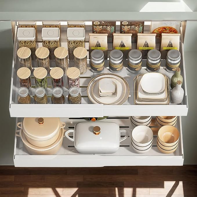2 Pack No-Drill Pull Out Cabinet Organizer, Roll Out Sliding Storage Shelf, Slide-Out Base Cabinet Organizer for Kitchen Organization