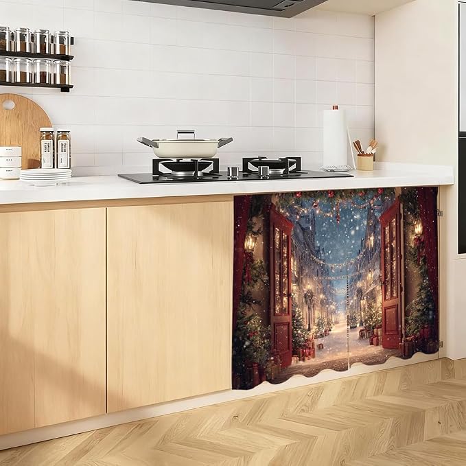 Self Adhesive Vintage Street View Cabinet Curtain for Mother's Day, 39x28 Inch Open Door Scenery Under Sink Skirt No Drill, Spring Cleaning Kitchen Decor, Hook and Loop Valance