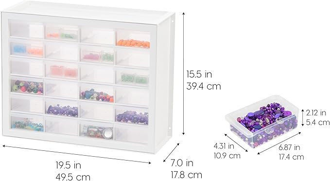 IRIS USA 24-Drawer Plastic Storage Organizer, Made in USA, Teacher Toolbox, Multi Drawer Cabinet For Beads Balloons Building Bricks Crafts Stickers Small Business Scrapbook Art Garage Tools, White