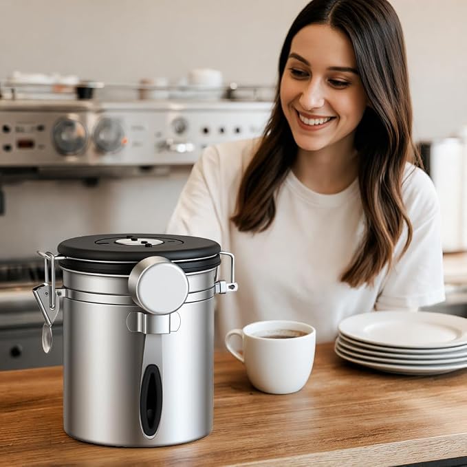 ShanSon Coffee Canister Airtight, Stainless Steel Bean Storage Container with Date Tracker & Scoop, Grounds Sugar Flour Tea Cereal Fits Kitchen Pantry, Ideal Gift for Coffee Lovers,16oz,Silver