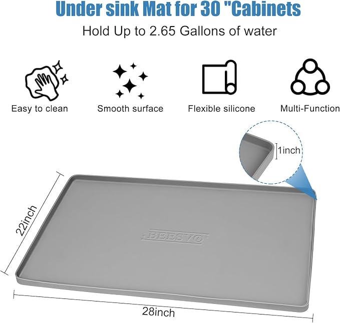 BEESVO Under Sink Mats for Kitchen Waterproof, 28" x 22" Silicone Under Sink Liner Kitchen & Bathroom Cabinet Protector Mat, Heavy Duty Flexible Under Sink Drip Tray with Lip, Cool Grey