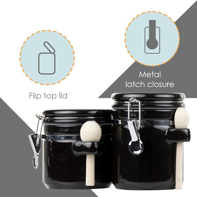 Canister Sets For The Kitchen (4 Piece Set) Black, High Gloss Ceramic By Home Basics Decorative Kitchen Set With Wooden Spoons, Countertop Set For Flour, Sugar, Coffee, and Snacks