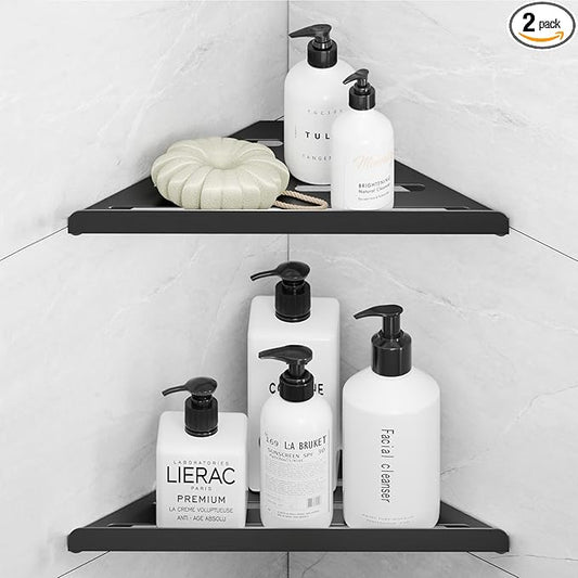 Fikoksol Shower Caddy, 2 Pack Bathroom Corner Shelf, Triangle Shelf Storage for Bathroom Shower, Black Metal Shower Shelf & Rustproof Wall Mounted Adhesive Glue Organizer Accessories and Essentials