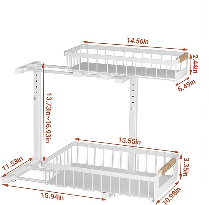 Under Sink Organizer, 2 Tier Pull Out Cabinet Organizer with 5 Adjustable Heights, Metal Under Sink Storage with Sliding Drawers for Kitchen, Bathroom, Pantry and Laundry Room, 4-Pack White
