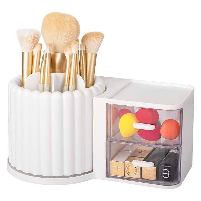 Anyoifax 360 Rotating Makeup Brush Holder 7 Slots Makeup Organizer with Drawer Removable Spinning Cosmetic Storage Pen Holder for Vanity, Dresser, Desk, White