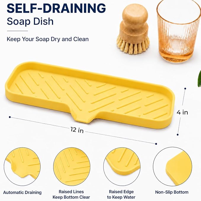 MicoYang Silicone Soap Dish with Drain Spout — Self-Draining Double Sink Organizer Tray for Kitchen & Bathroom, Dispensers, Sponges & Soap Holder, Non-Slip & Dishwasher Safe, Yellow (Large, 12"×4")