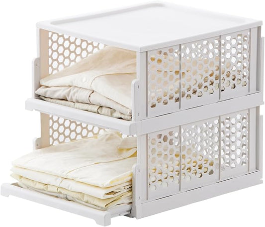 Pull-out Plastic Storage Basket with a Lid,Stackable Closet Organizers Drawer Anti-Tipping,Stable Shelf Container for Bathroom Laundry Room Storage, Space-Saving Clothes Storage ,White Gray,2 pack
