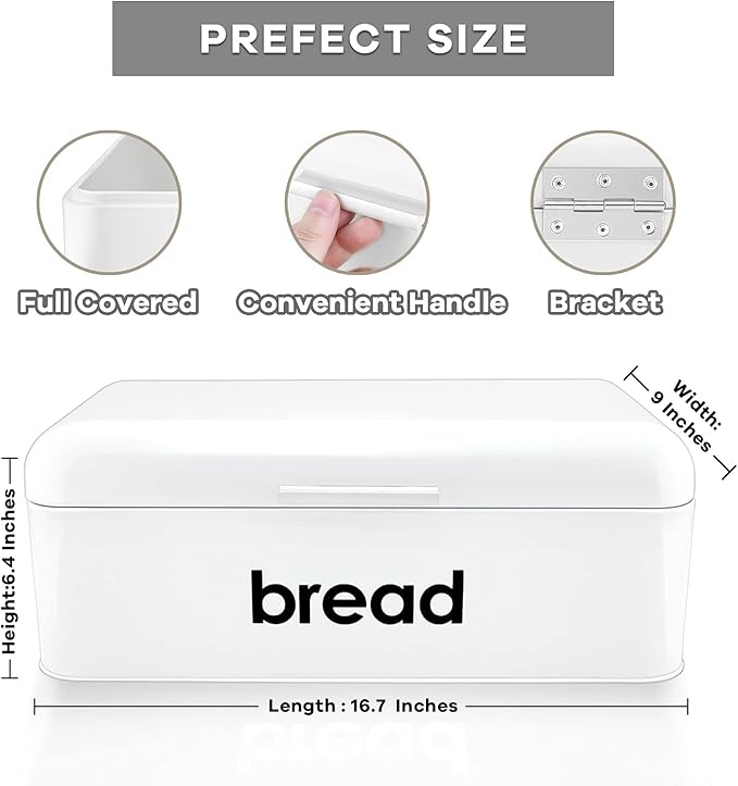 E-far Vintage Bread Box for Kitchen Countertop, White Metal Bread Storage Container Retro Bread Bin for Pastries/Loaves/Dry Food, Large Capacity & Modern Design (16.7” x 9” x 6.4”)