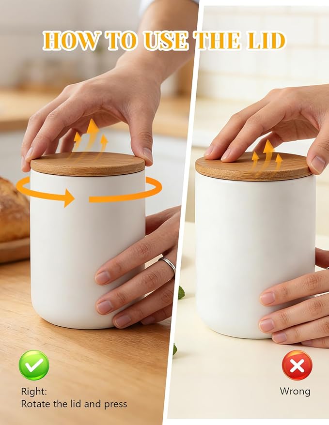 YYW Ceramics Food Storage Jar Canister with Airtight Seal Bamboo Lid, Simple Style Kitchen Canister for Food Storage, Store Coffee, Sugar, Tea, Spices and More (White (27.05oz/800ml))