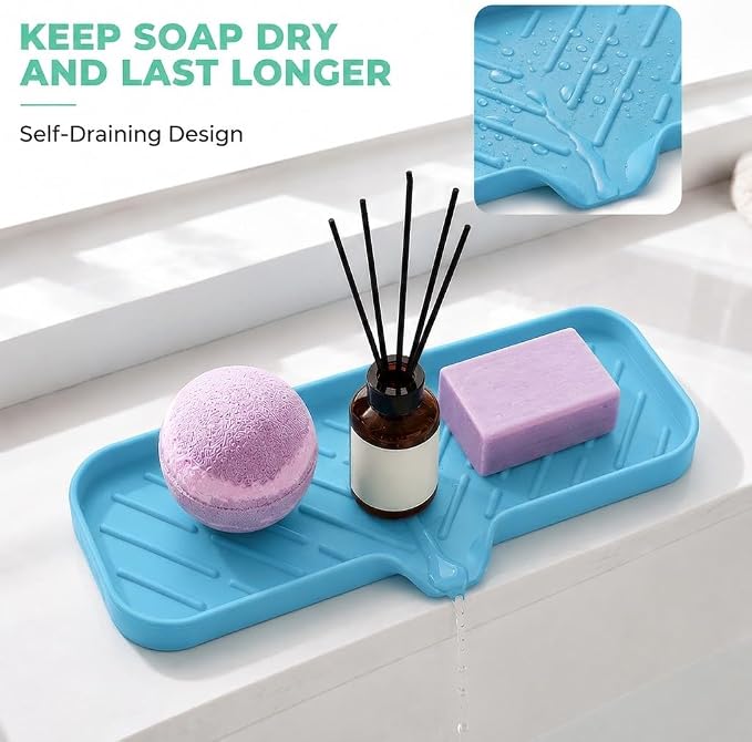 MicoYang Silicone Soap Dish with Drain Spout — Self-Draining Double Sink Organizer Tray for Kitchen & Bath, Dispensers, Sponges & Soap Holder, Non-Slip & Dishwasher Safe, Light Blue (Large, 12"×4")