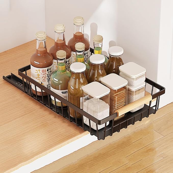 Pull Out Cabinet Organizer, Heavy Duty Slide Out Drawer, No Drill Pull Out Drawers, Sliding Pull-Out Pantry Shelves for For Cabinets, Roll out Shelf Storage for Kitchen Bathroom Black [Standard]