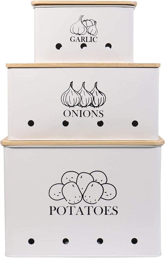 Kitchen Vegetable Storage Tins Set of 3 for Potato Onion & Garlic with Wooden Lid and Aerating Holes, Kitchen Storage Canisters Set, Vintage Kitchen Decor - White