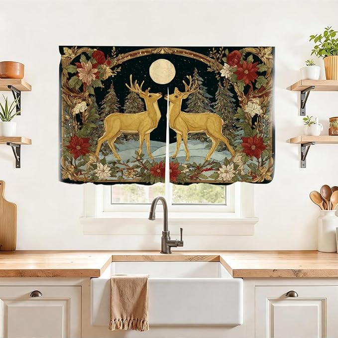 Self Adhesive Golden Deer & Full Moon Cabinet Curtain for Mother's Day, 39x28 Inch Celestial Forest Under Sink Skirt No Drill, Spring Cleaning Kitchen Decor, Hook and Loop Laundry Valance