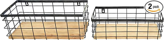 ShabbyDecor Metal Wire Basket Detachable Wood Base Storage Organizer Farmhouse Hanging Basket for Kitchen Cabinets, Bathroom, Pantry, Laundry Room Set of 2,Black Color