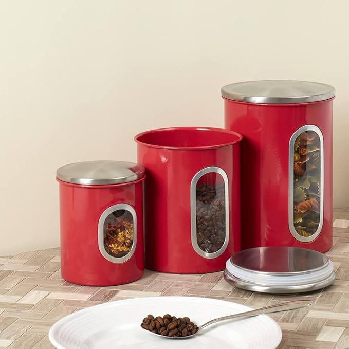 3 Piece Canister Set for the Kitchen by Home Basics | Kitchen Jars with Transparent Window | 3 Different Sizes | Kitchen Storage Containers with Silicone Gasket