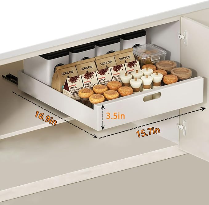 Pull Out Drawers for Cabinets 16.9"Deep, Slide Out Drawers for Kitchen Cabinets Adhesive Pull Out Cabinet Organizer, Cabinet Pull Out Shelves for Kitchen Bathroom and Pantry(White,15.7"W)