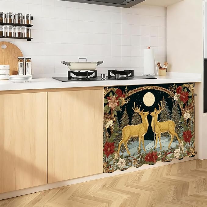 Self Adhesive Golden Deer & Full Moon Cabinet Curtain for Mother's Day, 39x28 Inch Celestial Forest Under Sink Skirt No Drill, Spring Cleaning Kitchen Decor, Hook and Loop Laundry Valance