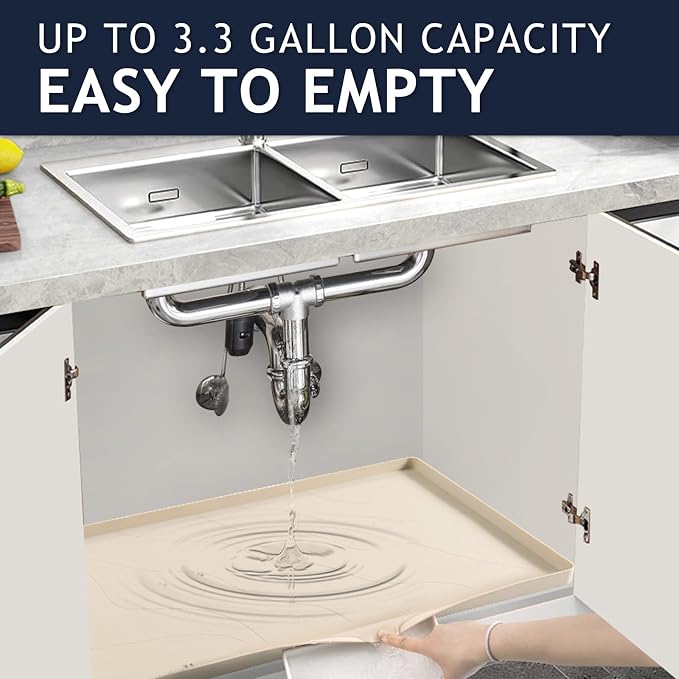 Heavy Duty Silicone Under Sink Mats for Kitchen Waterproof 40" x 19", Extra Thick Under Sink Rubber Mat Drip Tray, Raised Edge Under Sink Liner,Prevent Drips, Leaks, Spills,Beige