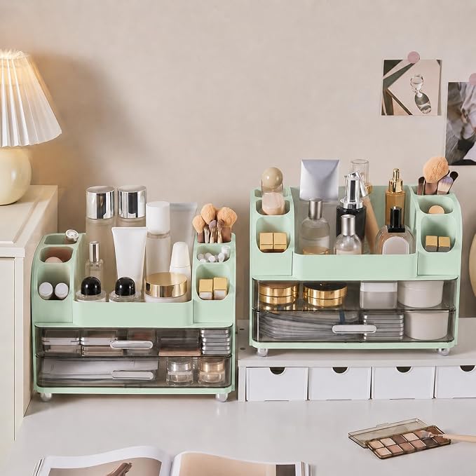 Makeup Organizer with 2 Drawers, Cosmetic Display Case, Storage Holder for Vanity, Bathroom Counter, Desk, Beauty Supplies (Green)