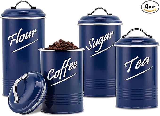 Hillbond Kitchen Canister Set of 4, Airtight Stainless Steel Food Storage Containers with Lids, Flour Sugar Coffee Tea Canisters for Countertop, Metal Kitchen Storage Jars, Navy Blue