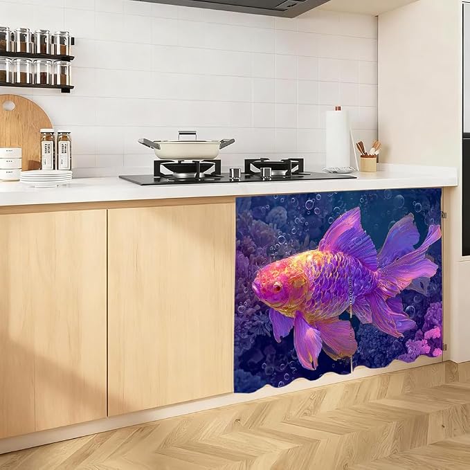 Self Adhesive Purple Goldfish Cabinet Curtain for Mother's Day, 39x28 Inch Underwater Fish Under Sink Skirt No Drill, Spring Cleaning Kitchen Decor, Hook and Loop Laundry Valance