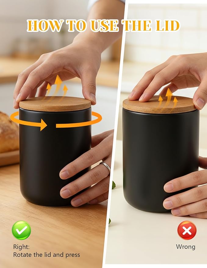 YYW Ceramics Food Storage Jar Canister with Airtight Seal Bamboo Lid, Simple Style Kitchen Canister for Food Storage, Store Coffee, Sugar, Tea, Spices and More (Black (27.05oz/800ml))