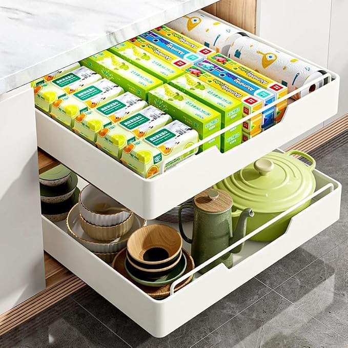 Kitchen Cabinet Organizer Pull Out Drawers Stick On Slide Out Drawers for Cupboards Roll Out Extendable Sliding Drawer No Drill Needed White,Width 35cm