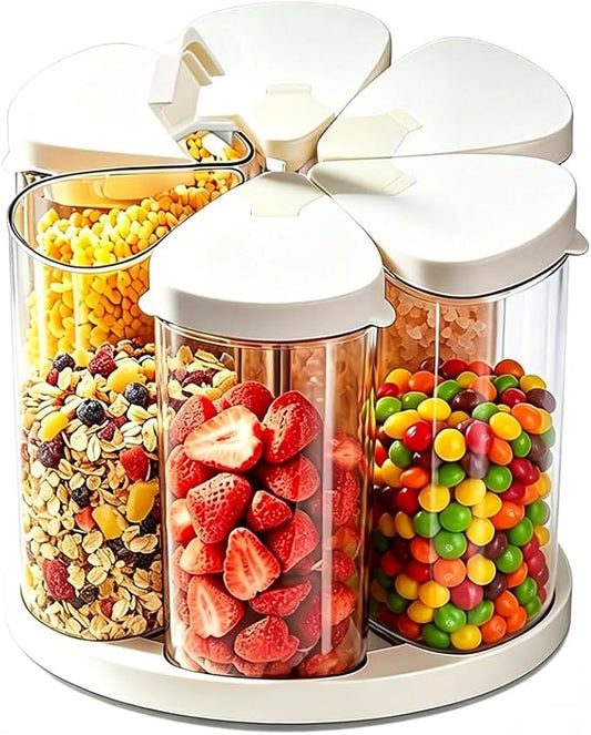 Ankou Rotating Food Storage Containers Set of 6, 23oz (690ml) Clear PET Jars with Dual Pour Lids, 360° Lazy Susan Pantry Organizer for Snacks, Cereal, Nuts, Oats & Dry Foods, Kitchen Grain Dispenser