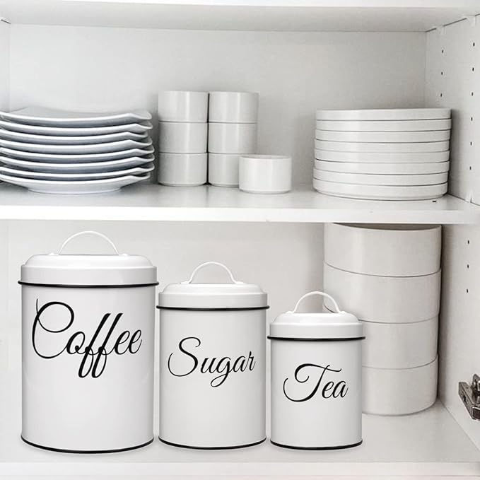 Kitchen Canisters Set of 3, Food Storage Containers for Kitchen Countertop, Large Airtight Coffee Sugar Tea Containers with Lids, White Farmhouse Kitchen Decor