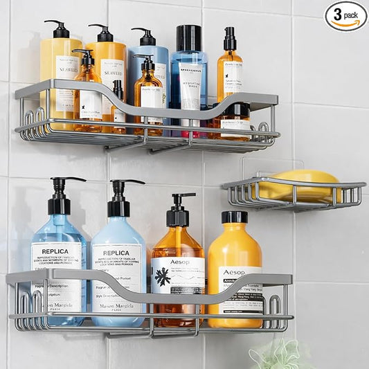 OMAIRA 3-Pack Shower Caddy with Soap Holder, Adhesive Rustproof No-drill Strudy Loading Inside Shower Organizer Shelves Rack Storage Bathroom Organization for Smooth Wall Glass Tile, Grey (Large)