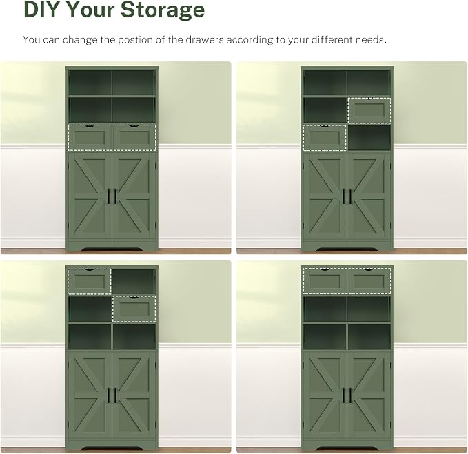 TEENFON Bathroom Cabinet with Adjustable Shelf & 2 Drawers, Farmhouse Storage Cabinet with 2 Doors, Kitchen Storage Cabinets for Living Room, Entryway, Home Office, Forest Green