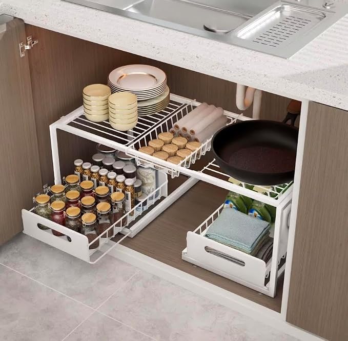 2-Tier Under Sink Slide-Out Storage Organizer, Metal Pull-Out Cabinet Drawer for Kitchen & Bathroom (White)