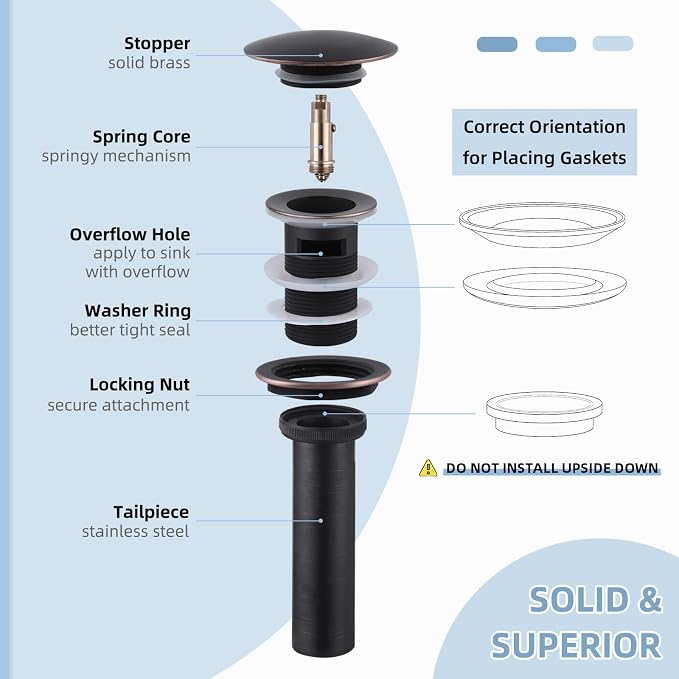 Angle Simple Bathroom Sink Drain with Overflow, Brass Pop Up Sink Stopper for Sink with 1.61 to 2 Inches Drain Hole, Oil-Rubbed Bronze