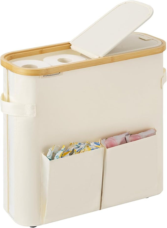 StorageWorks Toilet Paper Storage Basket with Lid, Slim Bathroom Organizer for Narrow Spaces, Toilet Paper Holder with Side Pocket and Clear Window, Holds 9 Mega or 12 Regular Rolls, Medium, Beige