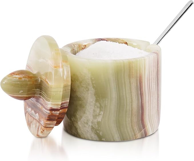 Green Onyx Salt Cellar with Lid 4 Inch – Handmade Natural Marble Salt Cellar, Kitchen Salt Container for Countertop, Refillable Salt Box for Cooking, Seasoning & Dining