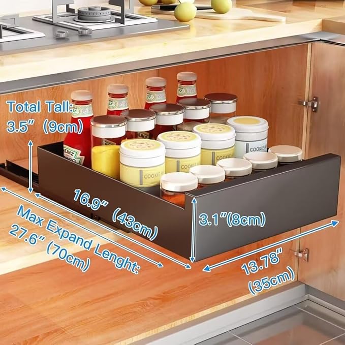Sliding Cabinet Nizer for Kitchen No Drill Pull Out Shelf Storage Drawer for Cupboard Ideal for Kitchen Living Room Home Nization,White-35cm