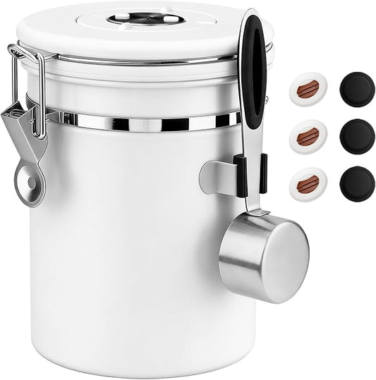 ShanSon Coffee Canister Airtight, Stainless Steel Bean Storage Container with Date Tracker & Scoop, Grounds Sugar Flour Tea Cereal Fits Kitchen Pantry, Ideal Gift for Coffee Lovers,22oz, White