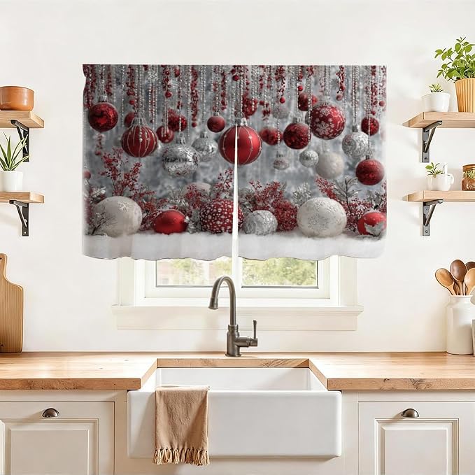 Self Adhesive Red & Silver Bauble Cabinet Curtain for Mother's Day, 39x28 Inch Sparkling Ornaments Under Sink Skirt No Drill, Spring Cleaning Kitchen Decor, Hook and Loop Valance
