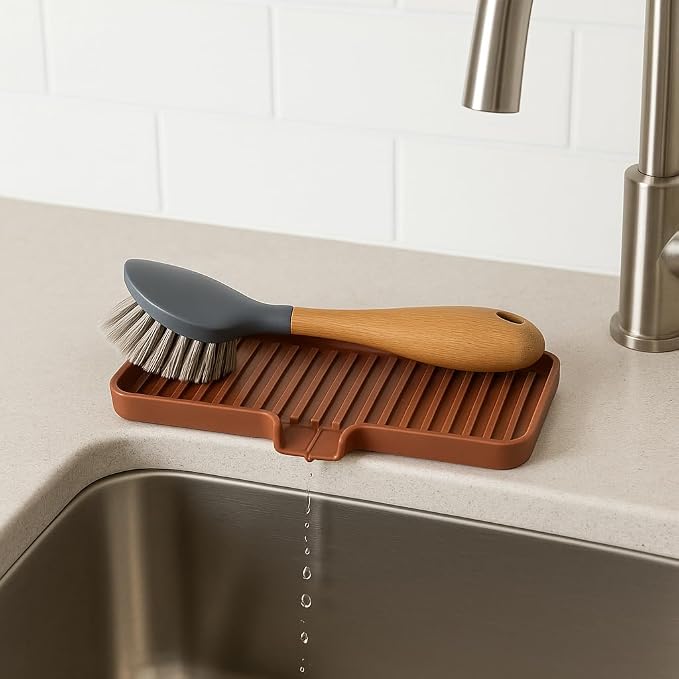 Silicone Soap Dish Tray and Sponge Holder with Drain Chute, Rectangular, Kitchen and Bathroom Sink Organizer (Dark Chocolate, 9"x3.5")