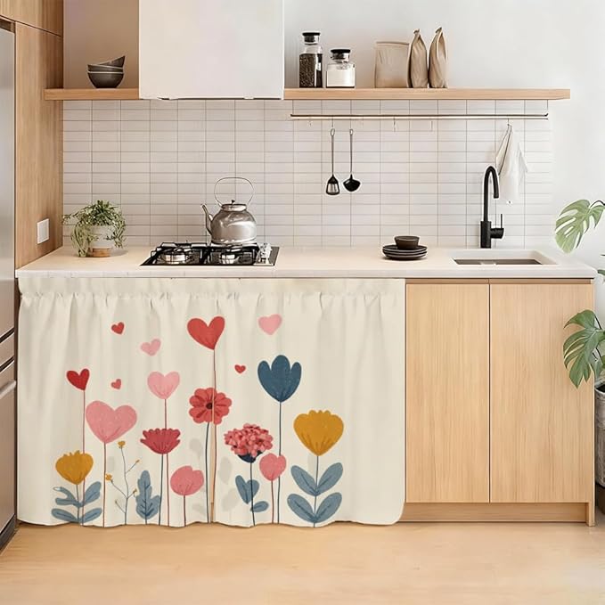 Self Adhesive Floral Heart Cabinet Curtain for Mother's Day, 39x28 Inch Colorful Spring Flower Under Sink Skirt No Drill, Deep Cleaning Kitchen Decor, Hook and Loop Laundry Valance