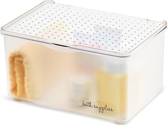 madesmart Medium Stacking Lid Bin, Clear-Lid Storage Organizer for Makeup, Cotton Balls & Bathroom Essentials, Stackable Countertop or Cabinet Bin, White