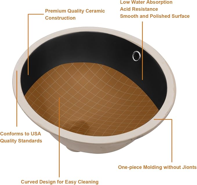 Lordear Undermount Black Bathroom Sink 18x15 Inch Bathroom Vanity Sinks Undermount Round Black Porcelain Ceramic Bathroom Under Counter Lavatory Vanity Sink Basin with Overflow